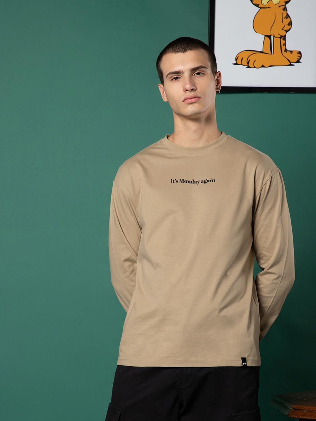 Bewakoof X Official Garfield Merchandise Mens Its Monday Again Graphic Print 100% Cotton T-Shirt - Oversized Fit, Round Neck,