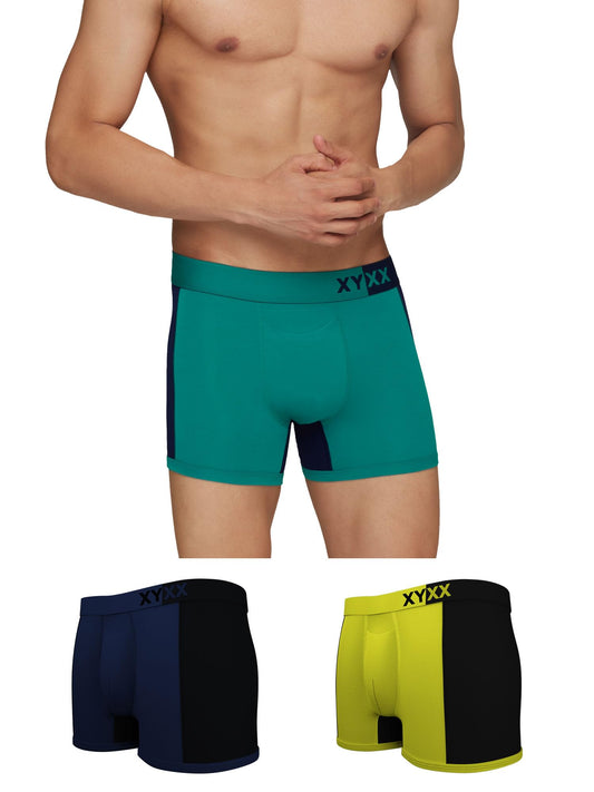 XYXX Mens Underwear Dualist IntelliSoft Antimicrobial Micro Modal Trunk Pack of 3 (Black Iris & Black;Navigate & Black Iris;Lim
