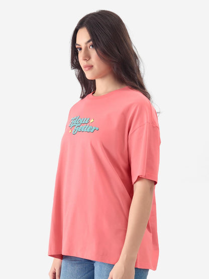 The Souled Store Glow Getter Women and Girls Short Sleeve Round Neck Pink Puff Printed Cotton Oversized Fit T-Shirts Oversized T