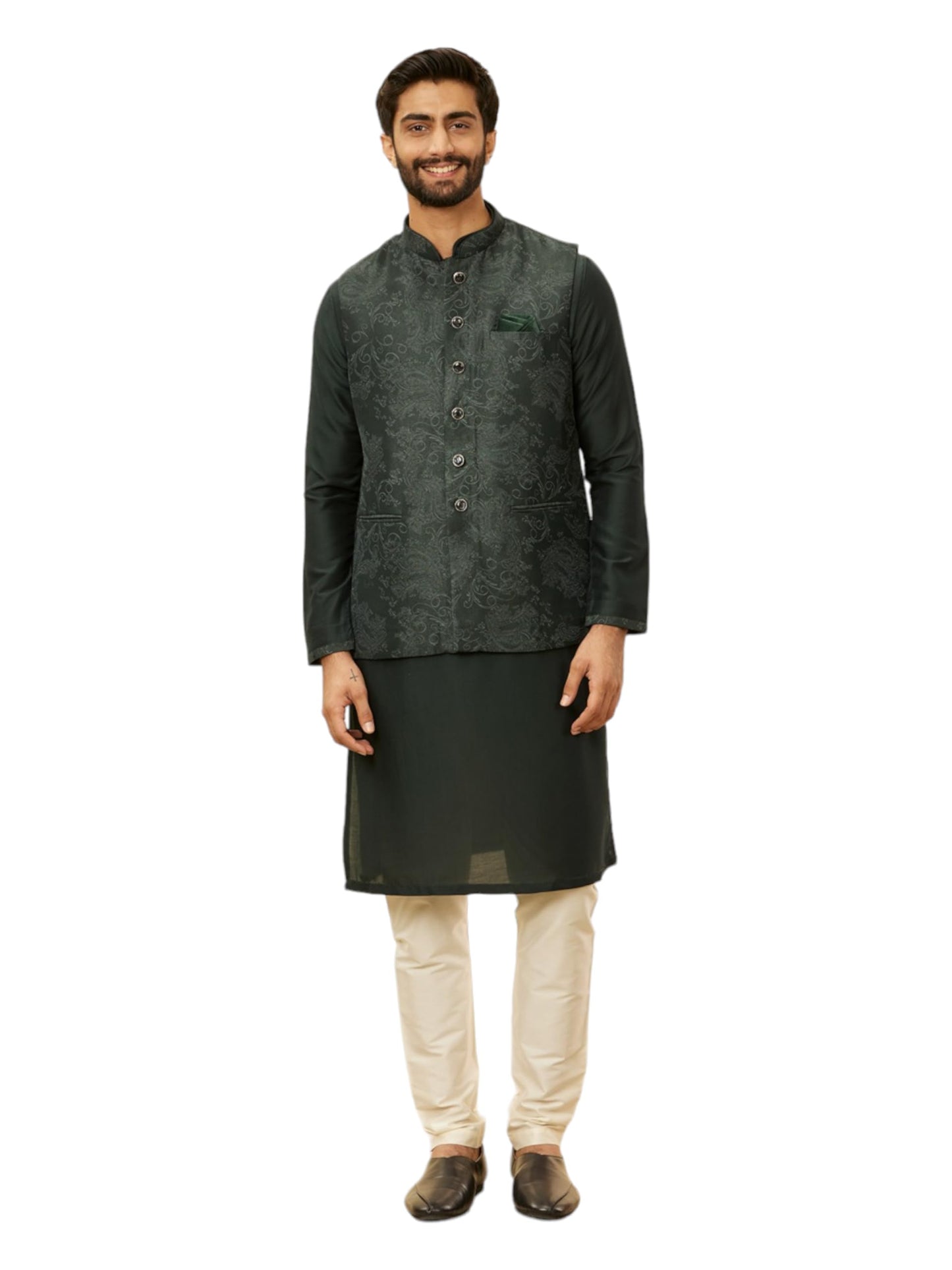 Manyavar Mens Green Blended Rayon Self Design Kurta Pyjama Jacket Set