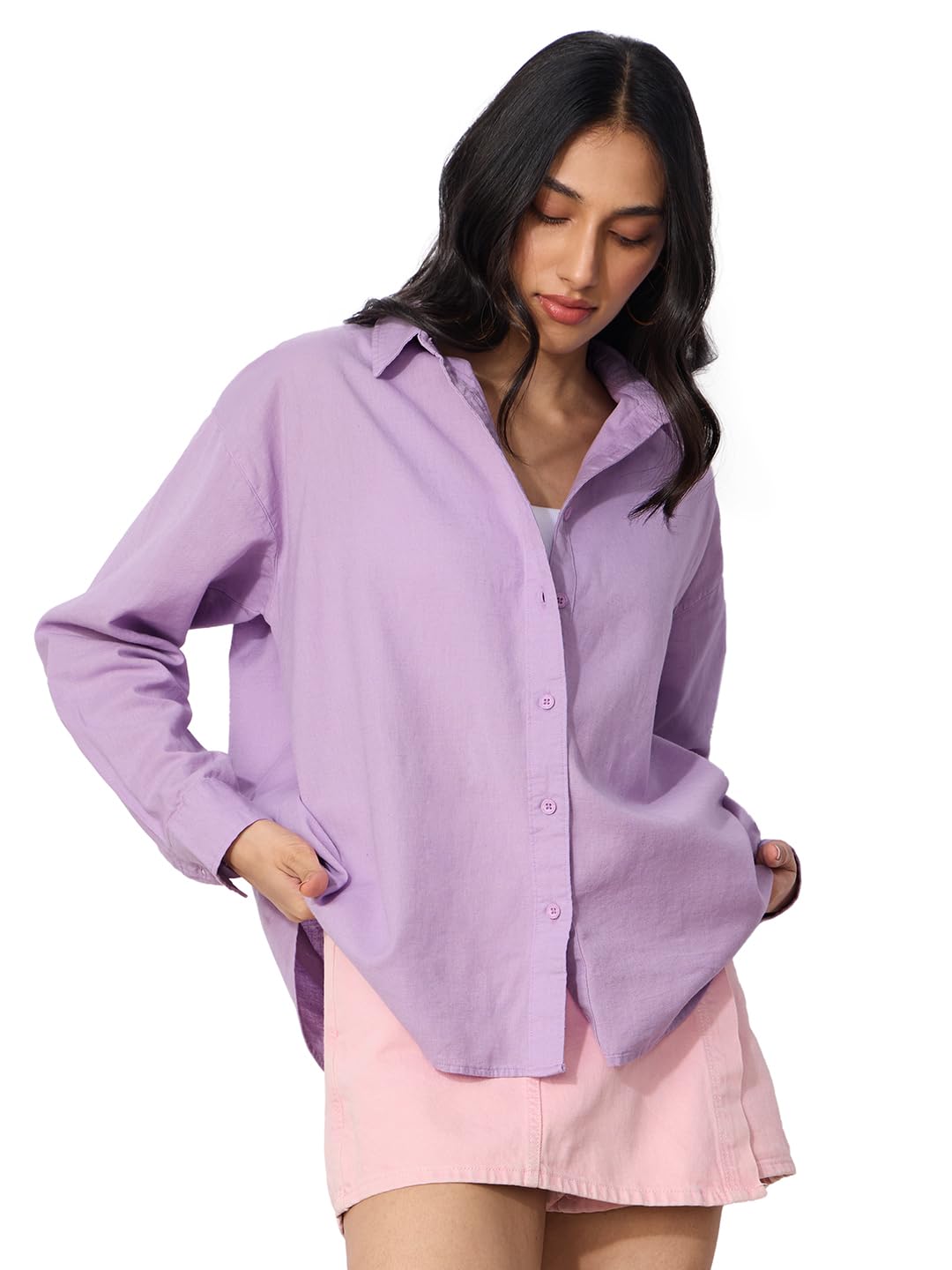 The Souled Store Cotton Linen: Lavender Women and Girls Long Sleeves Collared Neck Button Front Solid Cotton Linen Boyfriend Shi