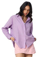 The Souled Store Cotton Linen: Lavender Women and Girls Long Sleeves Collared Neck Button Front Solid Cotton Linen Boyfriend Shi