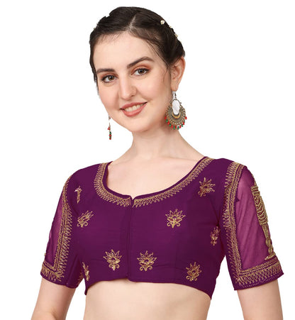 Pujia Mills WomenS Multicolor Temple Embroidery Net Back Sequence Khatli Work Sleeves Design Phantom Silk Readymade Saree Blous