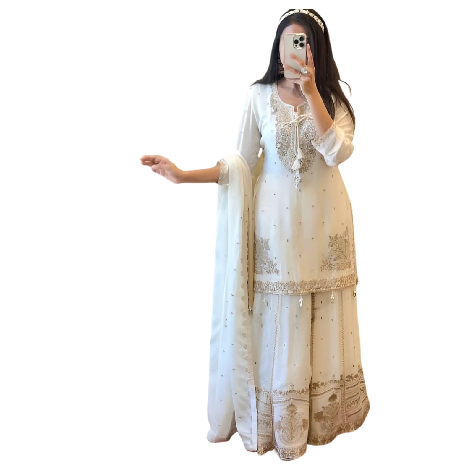 Anveri Textiles Silk Off-White Embroidered Kurta Set For Women  Includes Embroidered Bottom & Dupatta, 3/4Th Sleeve, Traditional