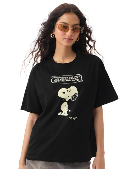The Souled Store Peanuts: Overthink Women and Girls Short Sleeves Round Neck Black Graphic Printed Cotton Lightweight Everyday S