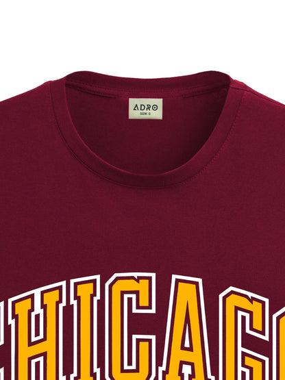 ADRO Mens T Shirt Urban Style Tshirt Printed with Chicago Design Cotton & Eye Catching Print Stylish T-Shirt for Men Maroon Tshi