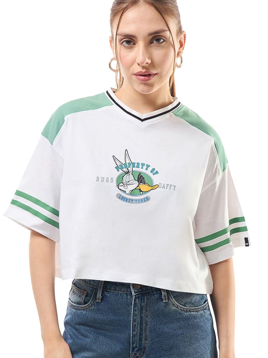 Bewakoof Official Looney Tunes Merchandise Bugs & Daffy Womens Graphic Printed Oversized Fit Half Sleeve V-Neck Pure Cotton Cro