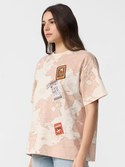 The Souled Store Travel Women and Girls Short Sleeves Round Neck Beige All Over Printed Cotton Oversized T-Shirts