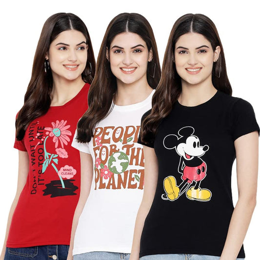 Preneum Womens Cotton Regular Fit Latest Graphic Stylish Printed Short Sleeves Casual T-Shirt || Trending & Styles (Pack 3), Re