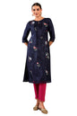 W Navy Blue Embroidered Straight Long Kurta For Women