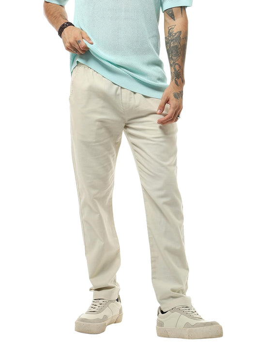 Bewakoof MenS Solid Straight Fit Cotton Linen Blend Casual Pants_628739_Beige_Xl