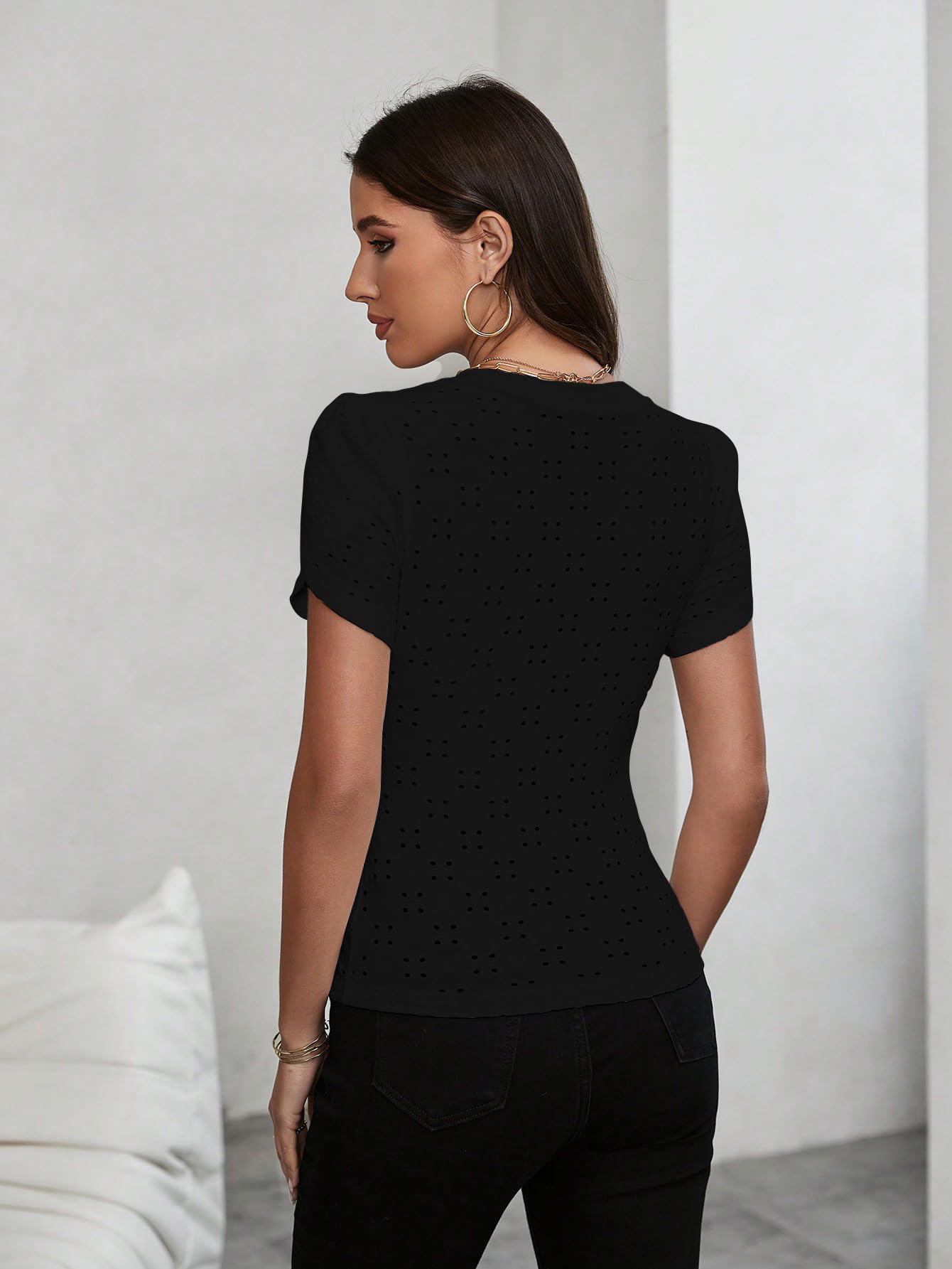 Sugathari Girls & Womens Black Eyelet Embroidery Knitted V Neck Casual Slim Fit Women T-Shirt, Short Sleeve Schiffli Crop Top,