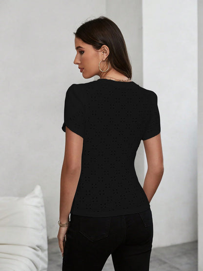 Sugathari Girls & Womens Black Eyelet Embroidery Knitted V Neck Casual Slim Fit Women T-Shirt, Short Sleeve Schiffli Crop Top,