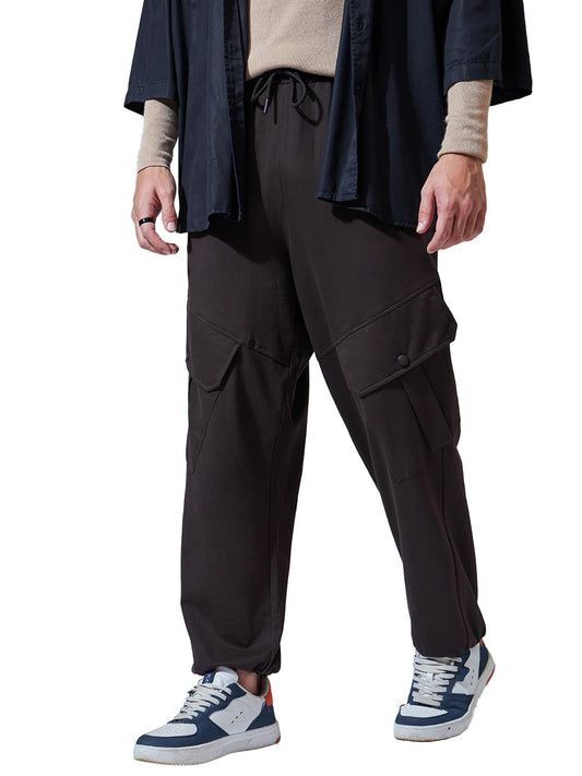 Bewakoof Mens Low Rise Solid Super Loose Fit Cargo Joggers_609811_Brown_M
