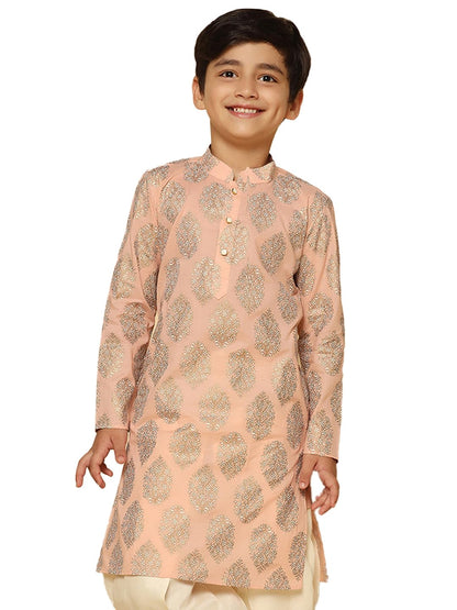 Kisah BoyS Kurta, Peach Cotton Blend, Ethnic Motifs Long Sleeves Regular Fit Mandarin Collar (9-10 Years)