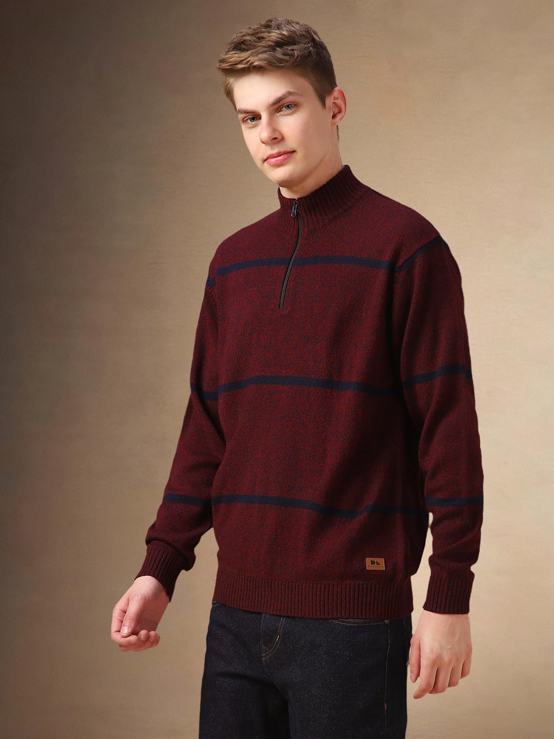 Dennis Lingo Maroon Solid Acrylic Slim Fit Full Sleeve Sweater For Men