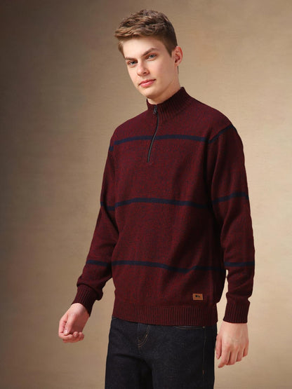 Dennis Lingo Maroon Solid Acrylic Slim Fit Full Sleeve Sweater For Men