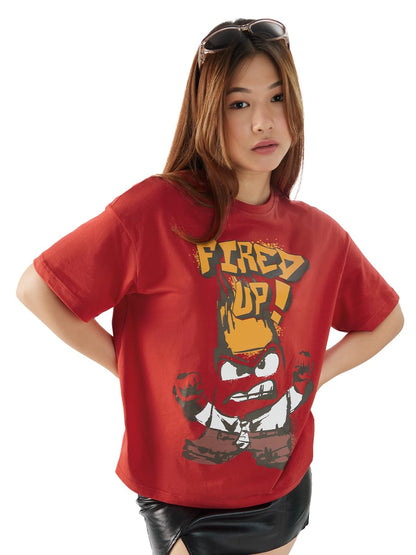 The Souled Store Official Inside Out: Fired Up Women and Girls Short Sleeves Round Neck Red Graphic Printed Cotton Oversized T-S