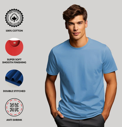 ADRO Mens Solid Regular Fit T-Shirt (RCM2-PLN-SK-SK_Sky Blue