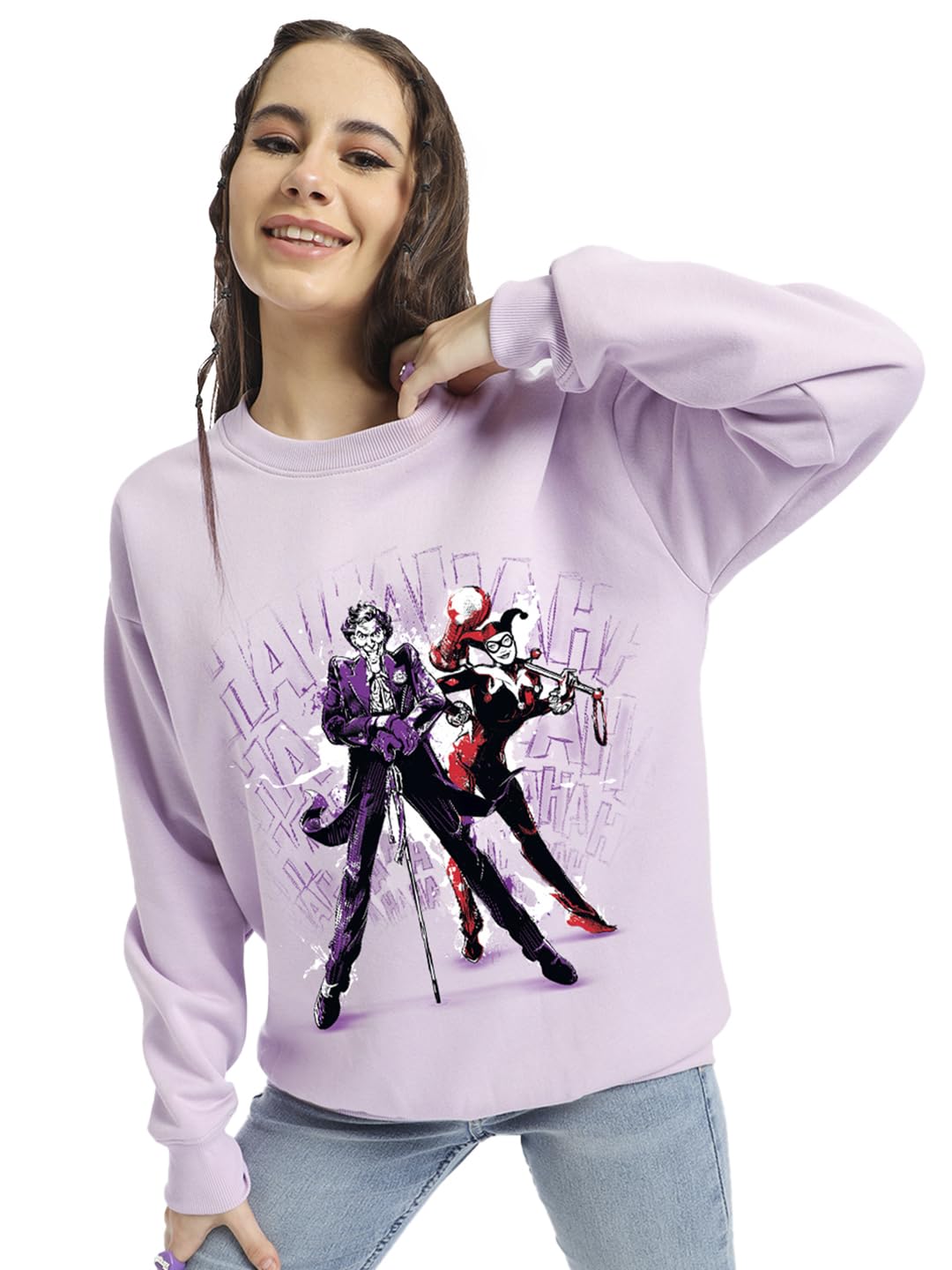 Bewakoof Official DC Merchandise Womens Graphic Print Oversized Fit Full Sleeve Round Neck Polycotton Sweatshirt_648593_Purple_
