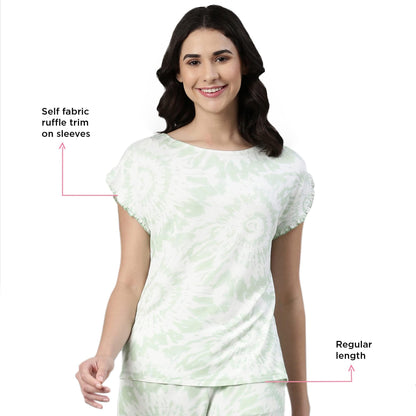 Enamor EC14 Tie & Dye Printed Home Tee and Shorts Set for Women with Ruffled Trim