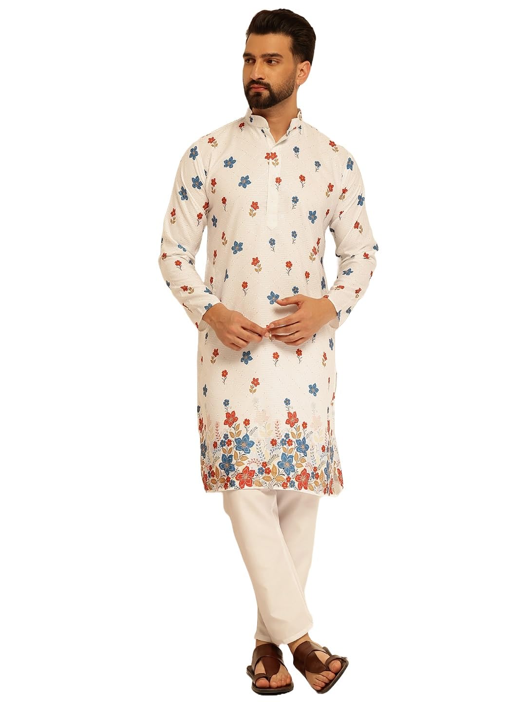 SOJANYA (Since 1958 Men's Cotton Daman Print with Krochet Embroidered White Kurta and Pyjama