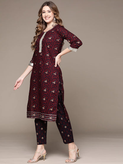 anubhutee Women's Cotton Black Gotta Patti Ethnic Print Straight Kurta Suit Set With Pants And Dupatta