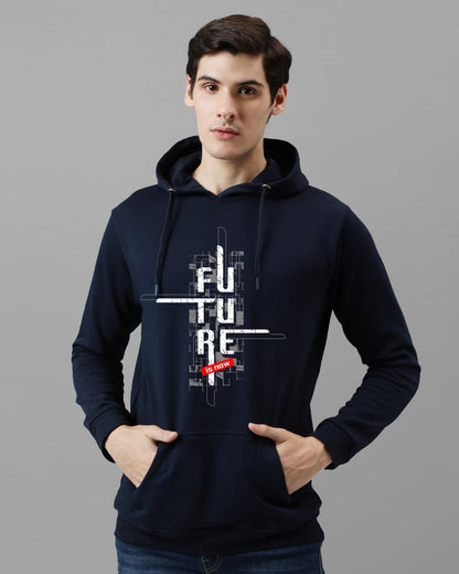 ADRO Men's Cotton Blend Neck Hooded Sweatshirt (H24-FTR-NB_Navy Blue