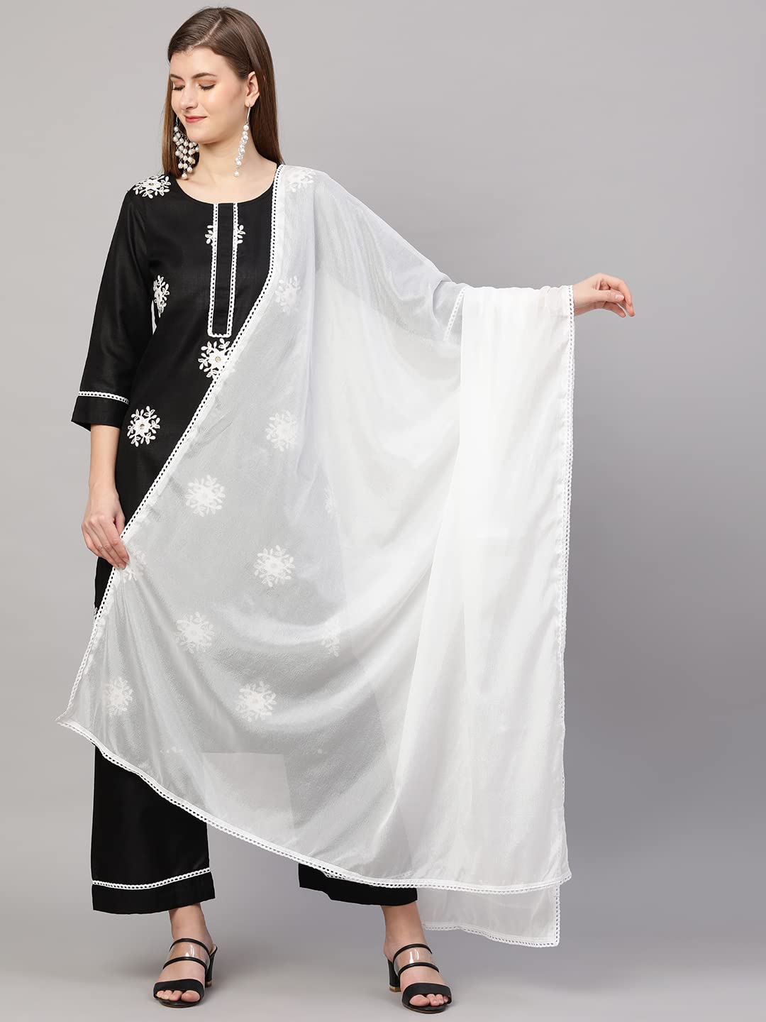 ANNI DESIGNER Women's Cotton Blend Straight Kurta with Palazzo & Dupatta (Saadgi)