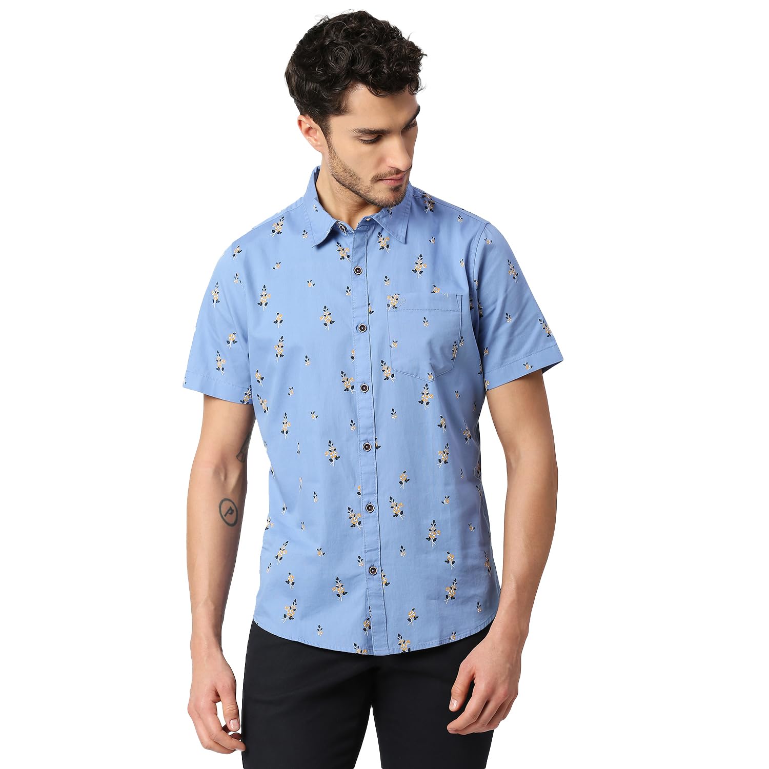 Thomas Scott Mens Printed Slim Fit 100% Cotton Casual Shirt with Spread Collar and Half Sleeve Blue