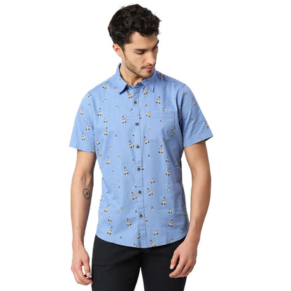 Thomas Scott Mens Printed Slim Fit 100% Cotton Casual Shirt with Spread Collar and Half Sleeve Blue