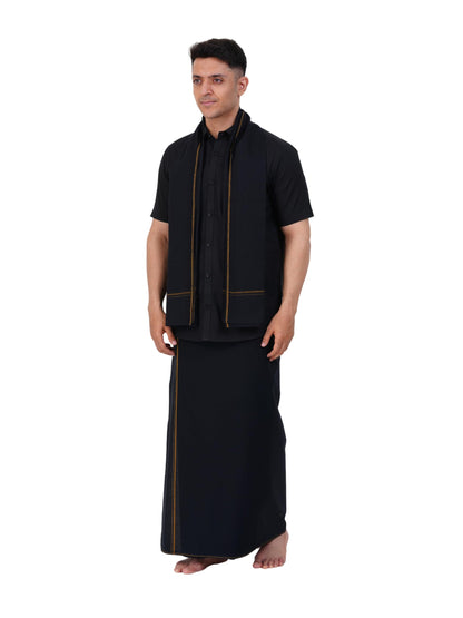 Prakasam Cotton Mens Single Small Border (1.28X2.00 Mtrs) Black Dhoti + Readymade Half Sleeve Shirt + Black Small Border Towel