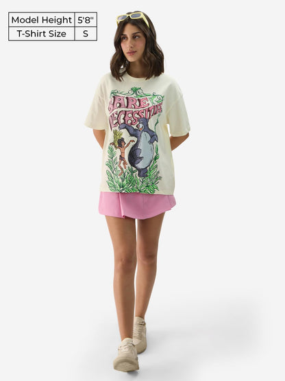 The Souled Store Official Disney: Bare Necessities Women and Girls Short Sleeve Round Neck White Graphic Print Cotton Oversized