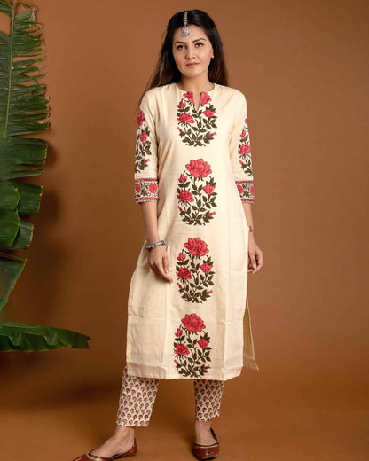 Gosriki WomenS Rayon Blend Straight Printed Kurta With Pant & Dupatta (Actual-Cream-Gs_M_Cream_Medium)