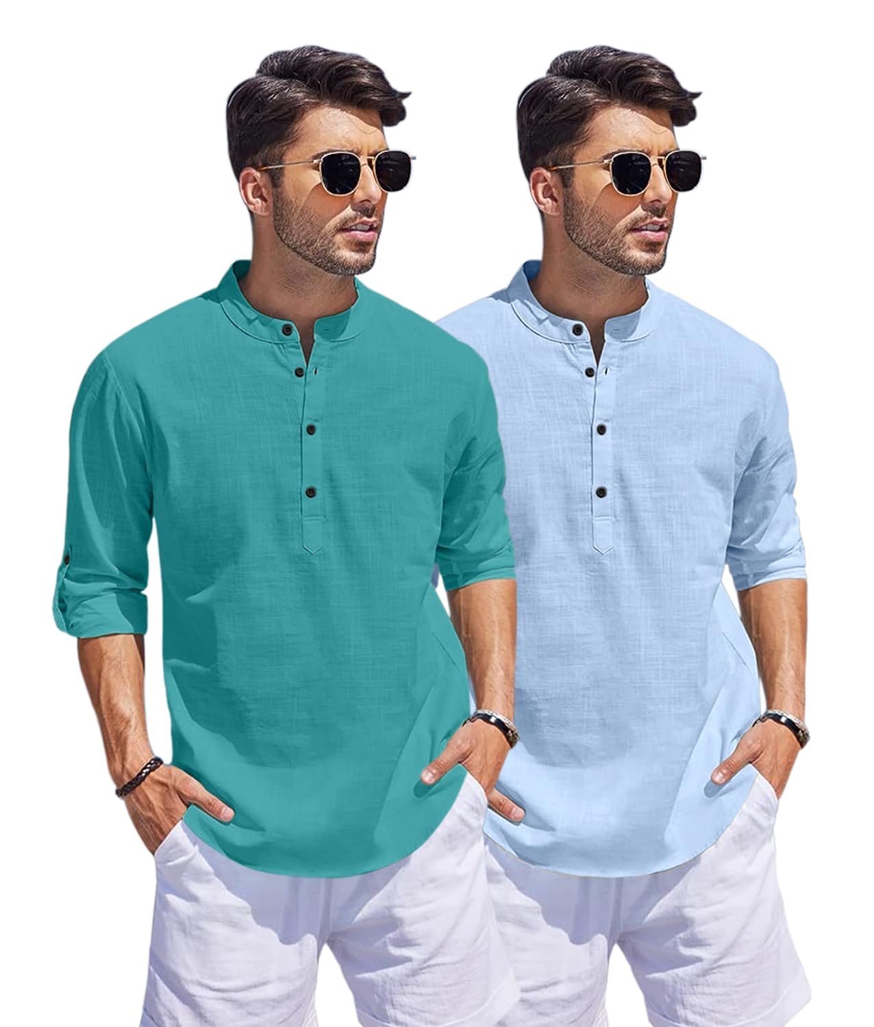 Hemrin Combo Of Men Solid Cotton Blend Straight Kurta Shirt Pack Of 2