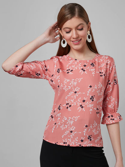 Style Quotient Women Peach and Multi Floral Printed Polyester Smart Casual Top