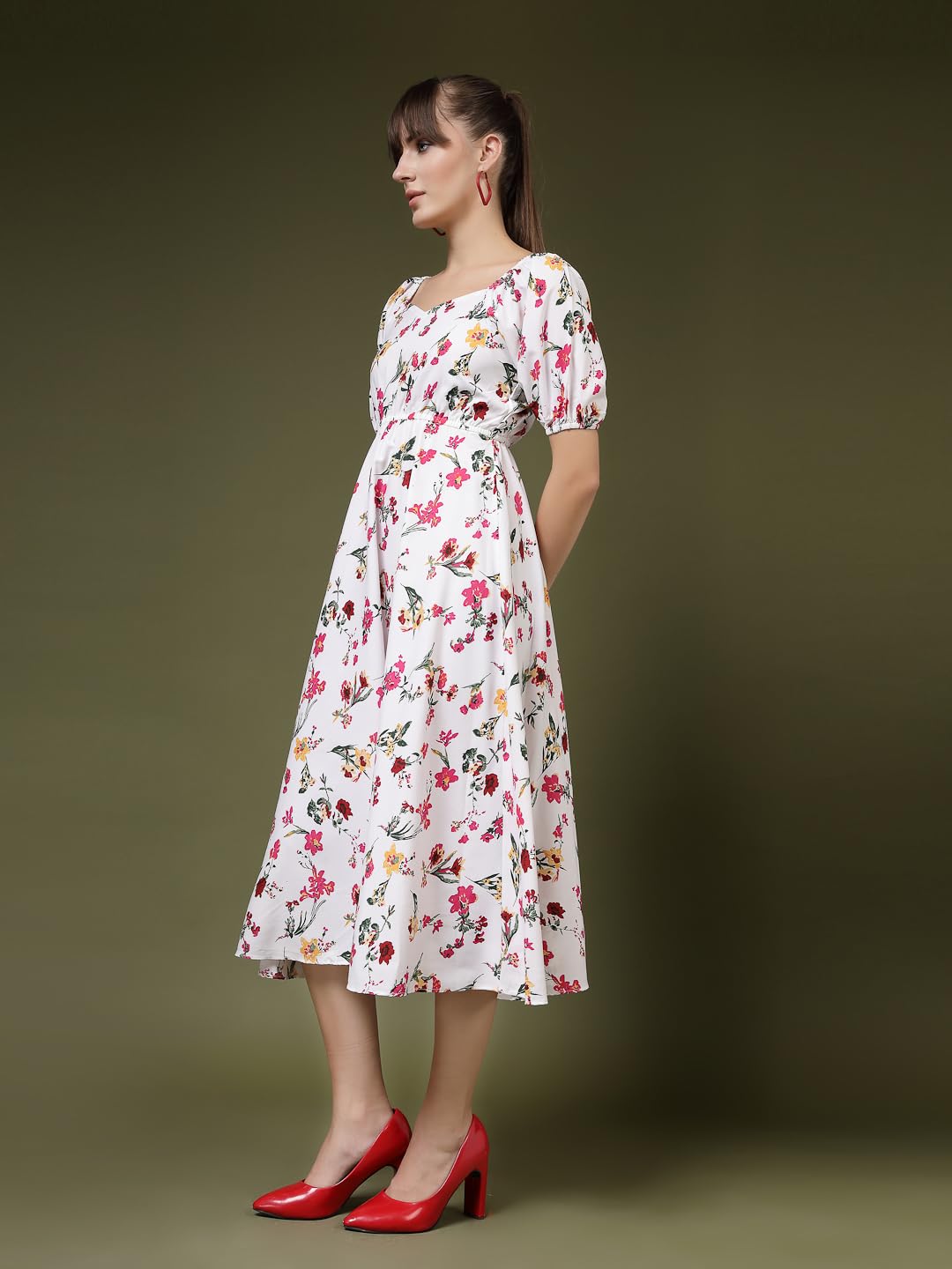 Oomph! Flared Dress For Women Stylish | Long One Piece For Women | Puff Sleeve Long Dress | Floral Print Maxi One Piece | Wester