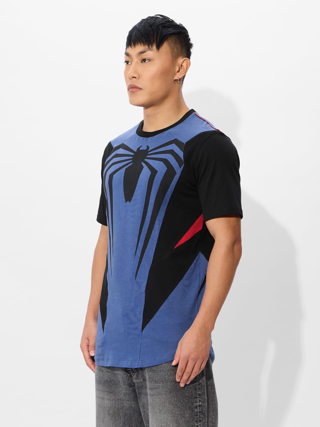 The Souled Store Official Spider-Man Originals: Spidey Sense Graphic Printed Regular Fit Cotton Short Sleeve Round Neck Drop Cut