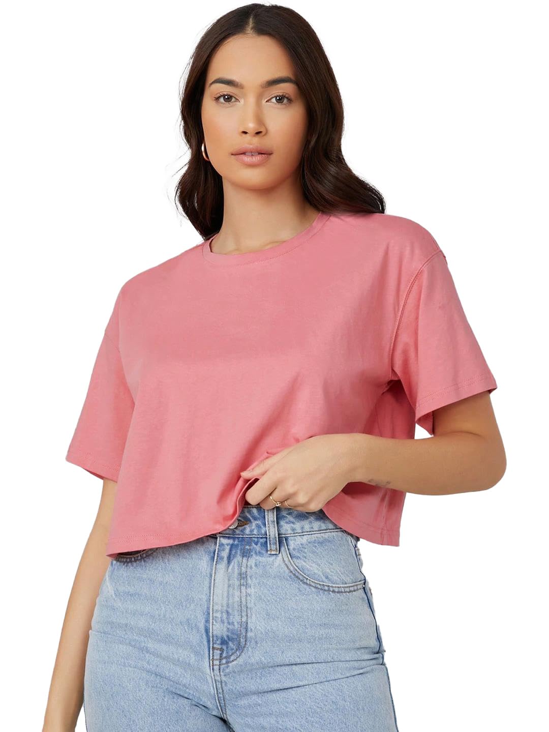 Kotty WomenS Solid Cotton Blend Oversized Crop T-Shirts