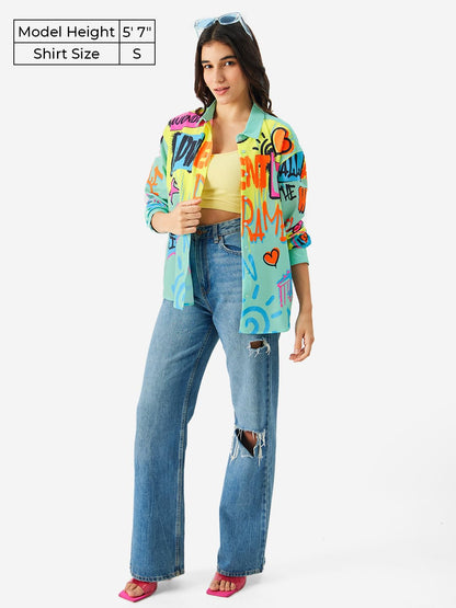 The Souled Store Wanderlust Women and Girls Long Sleeve Collared Neck Button Down Oversize Fit Multicoloured All Over Graphic Pr