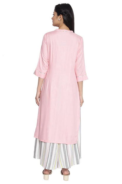 Aurelia Women's Viscose Baby Pink Geometric Band Collar Straight Kurta