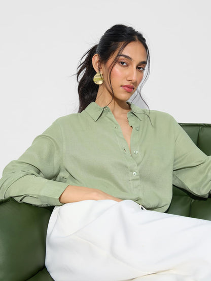 The Souled Store Lyocell Linen: Woodland Women and Girls Long Sleeve Collared Neck Solid Lyocell Linen Blend Regular Fit Button