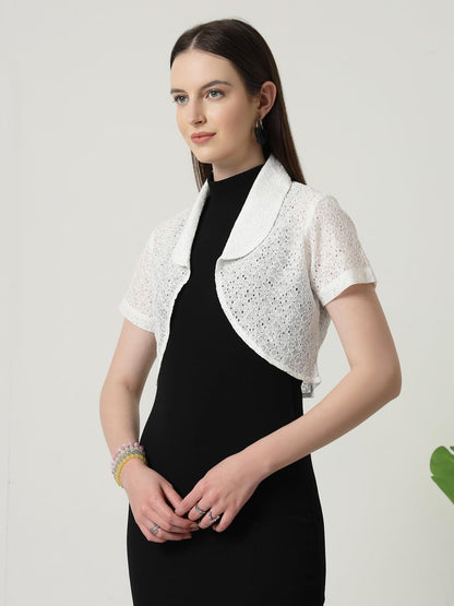 Style Quotient Women White Cotton Lace Open Front Crop Shrug