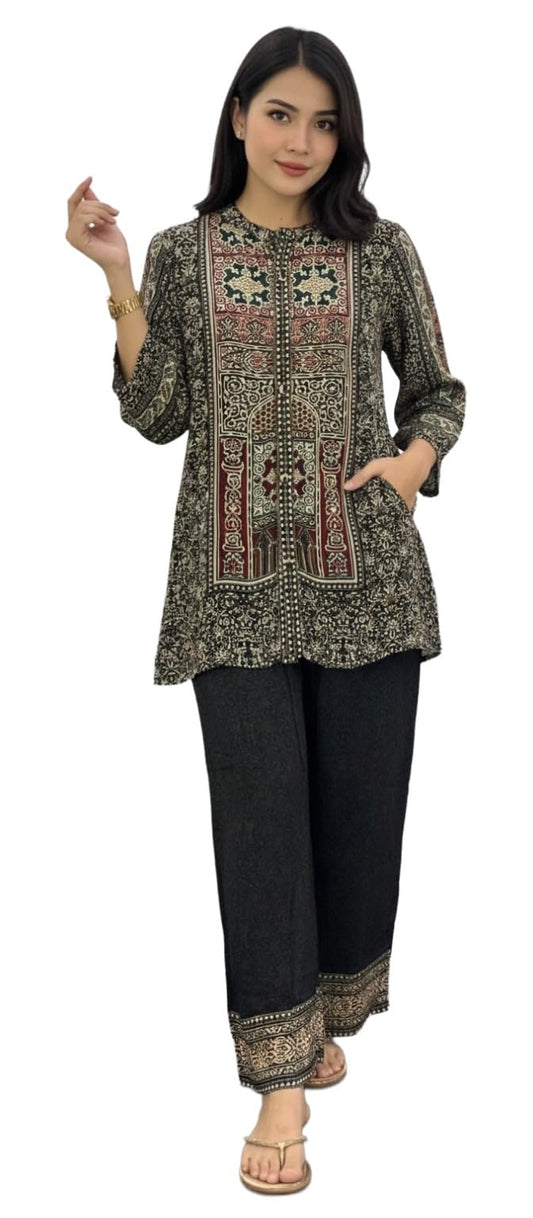Gosriki WomenS Viscose Blend Short Kurti Printed Kurta With Palazzo (Chellam Black-Gs_S_Black_Small)