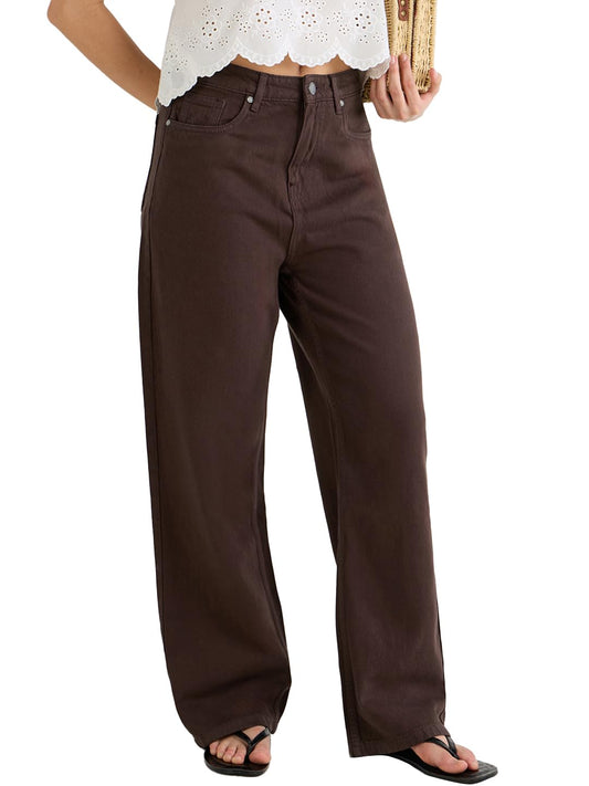 Bewakoof Womens Solid Wide Leg Cotton Baggy Jeans_625168_Brown_26