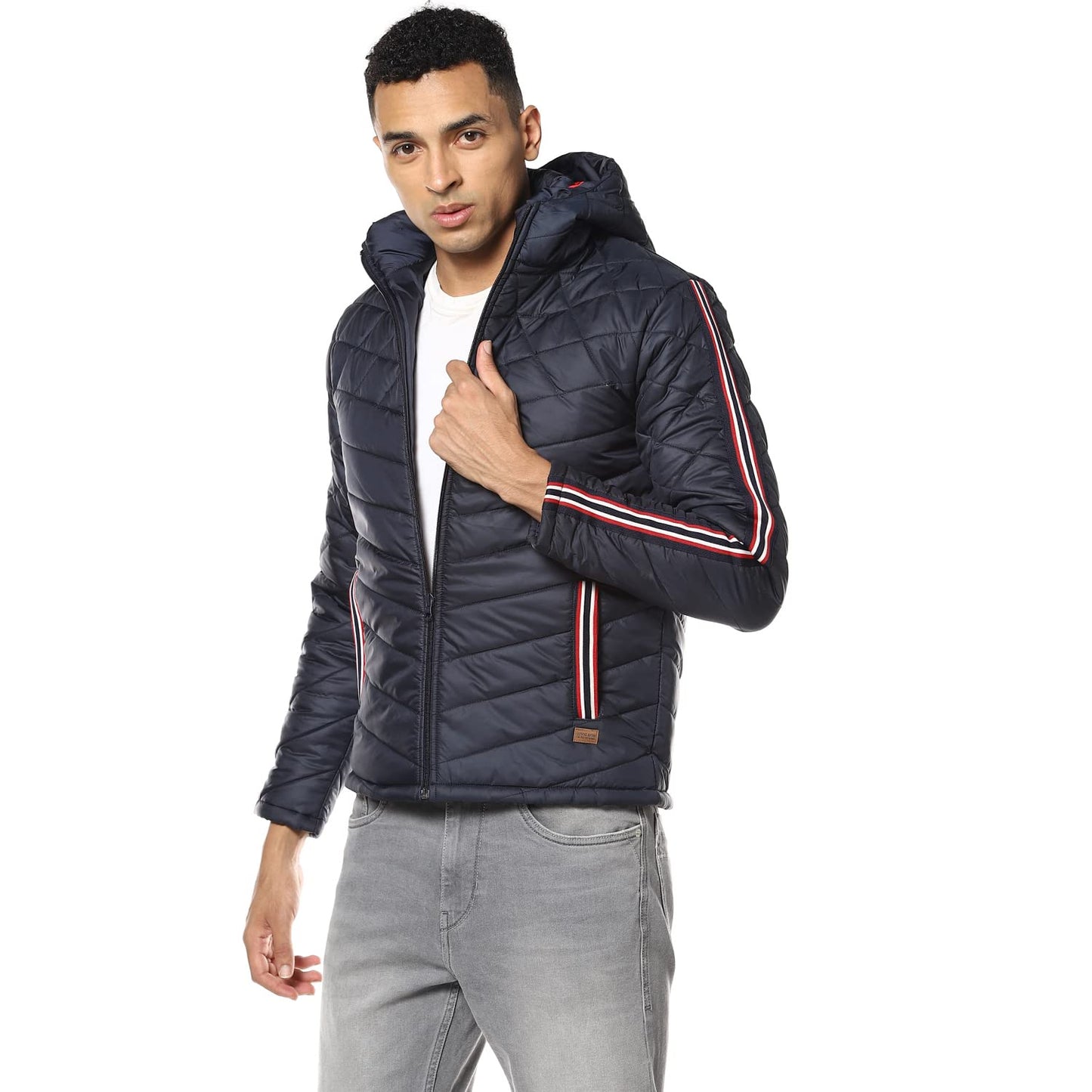 Campus Sutra Mens Indigo Blue Solid Quilted Puffer Regular Fit Bomber Jacket For Winter Wear | Hooded Collar | Full Sleeve | Zi