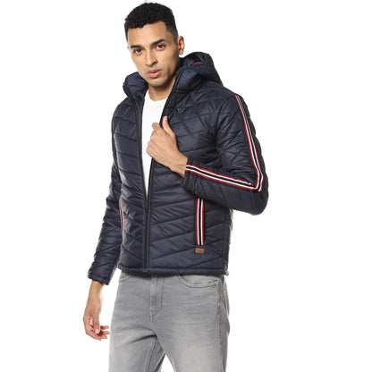 Campus Sutra Mens Indigo Blue Solid Quilted Puffer Regular Fit Bomber Jacket For Winter Wear | Hooded Collar | Full Sleeve | Zi