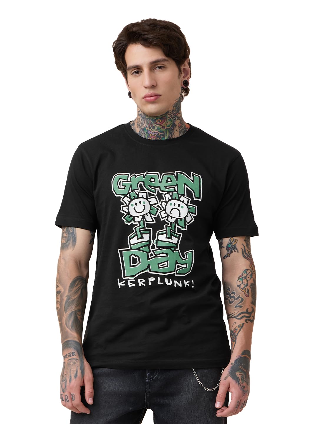 The Souled Store Green Day: Kerplunk Men and Boys Short Sleeves Round Neck Black Graphic Printed Regular Fit Cotton T-Shirts