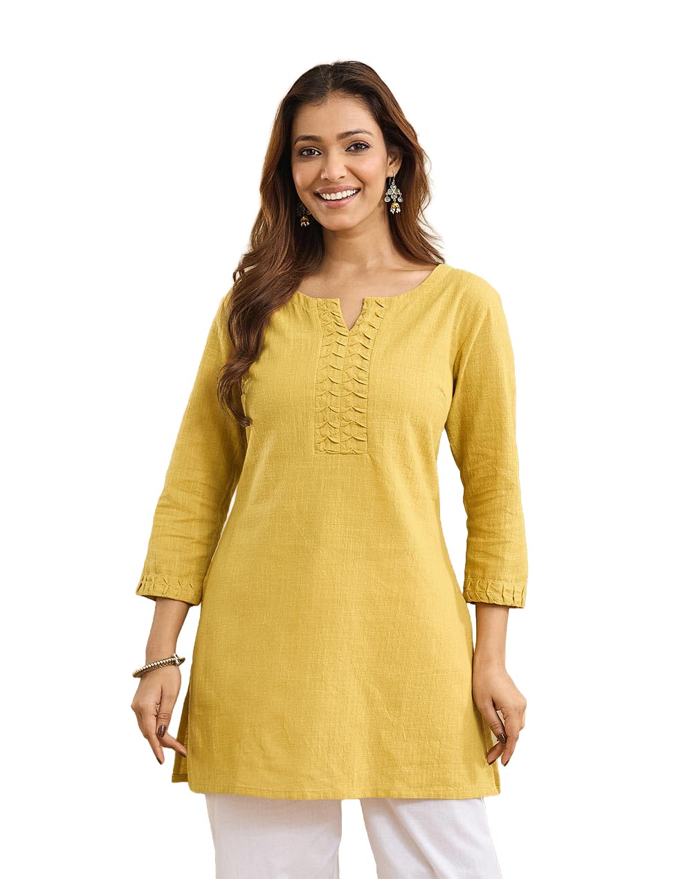 Fabindia Women'S Mustard Cotton Woven Texture Slim Fit Short Kurta