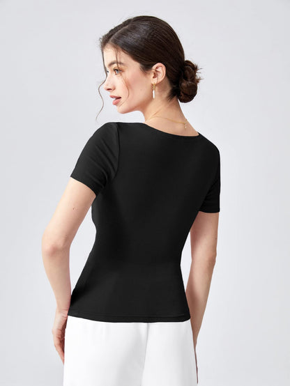Shasmi Womens & Girls Black Womens Summer Square Neck Solid Color Ruched Tee Workwear Pleated Casual t-Shirt for Women (Top 1